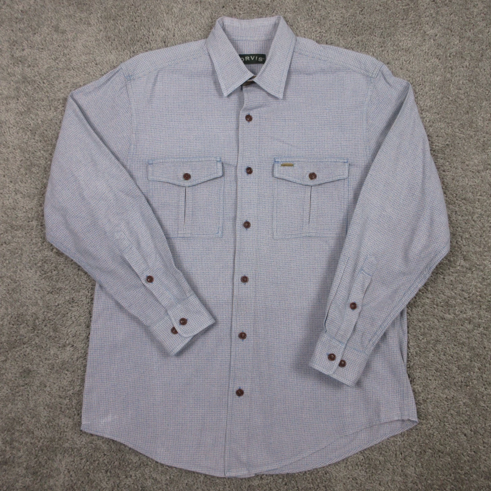 Orvis Shirt Mens Medium Blue Houndstooth Flannel Workwear Outdoor Button Up