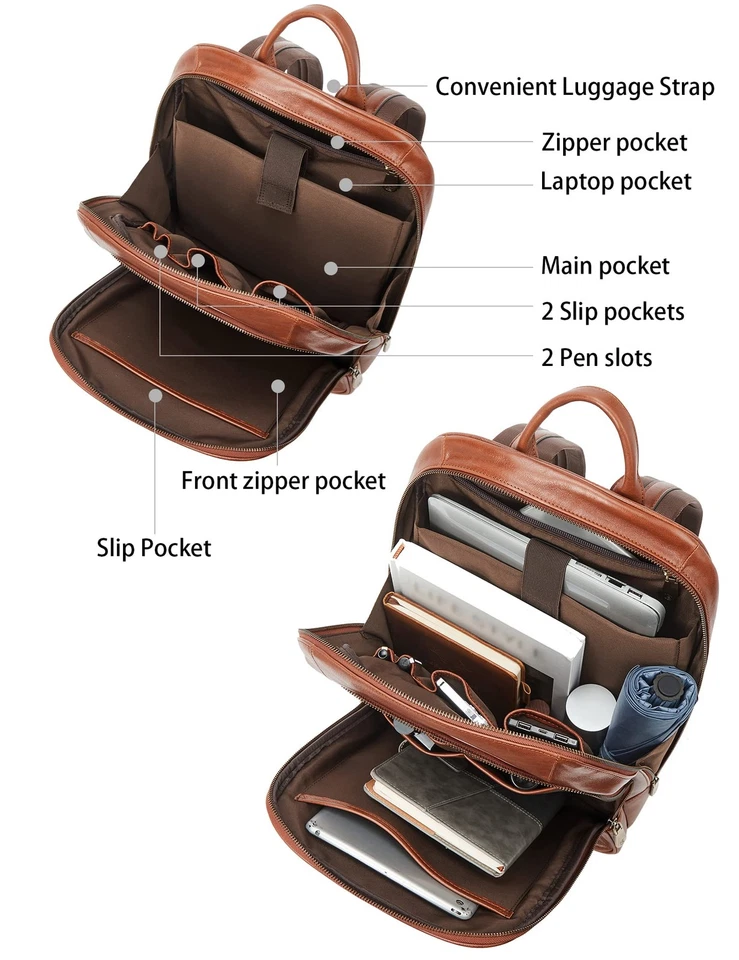 Men Leather Backpack, Vegetable Tanned Full Grain Leather 15.6 Inch Computer ... - Image 3 of 4