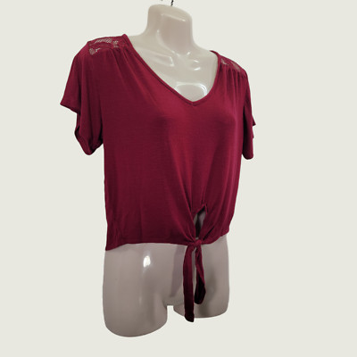 Youth in Revolt Women's Medium Maroon Short Sleeve Top Shirt Lace Back Tie