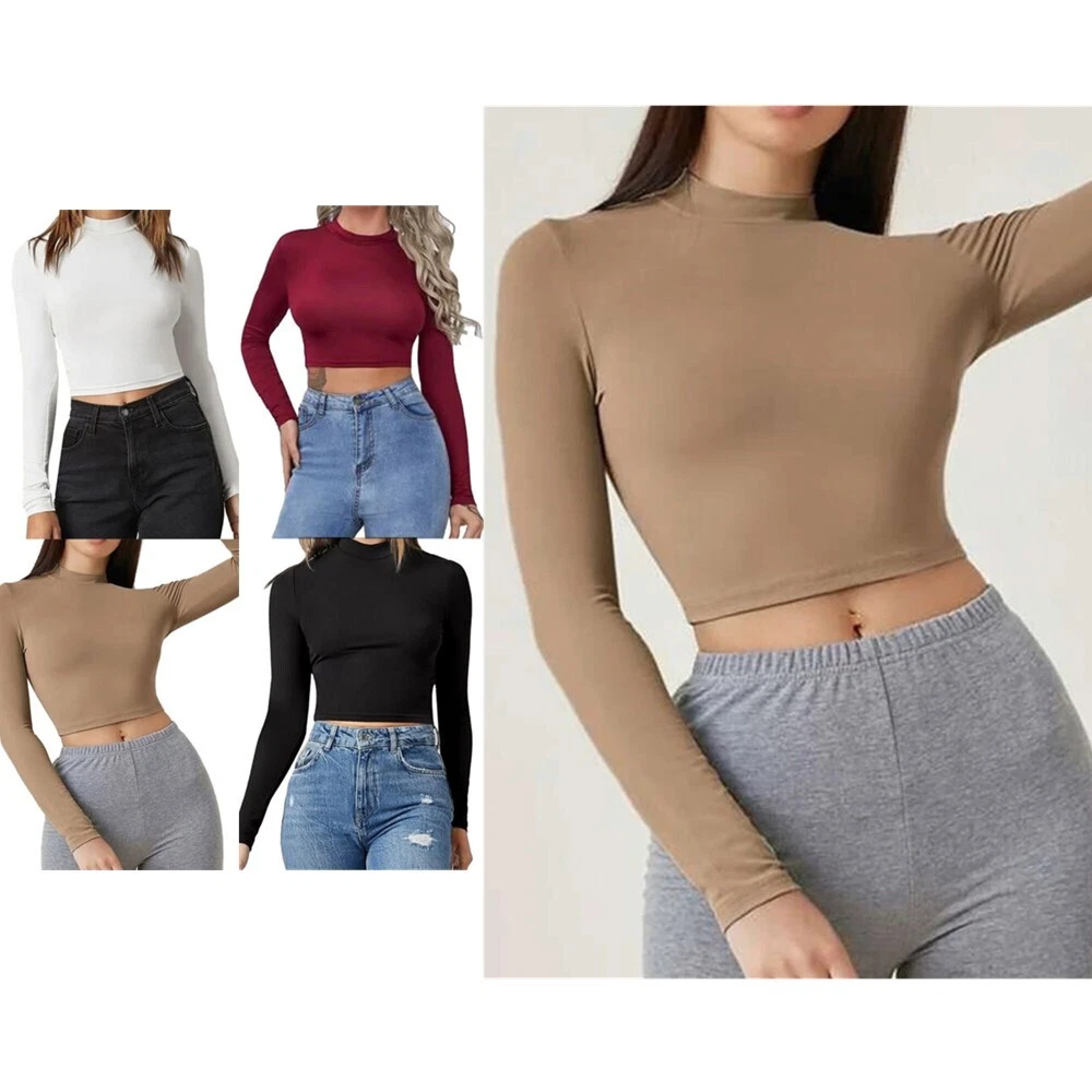 women long sleeve crop top turtleneck sexy cropped tops shirt