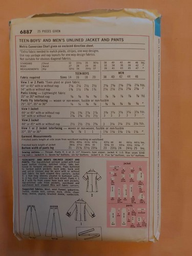 Simplicity 6887 Vintage Men's' Unlined Jacket & Pants Pattern Size 40 - Picture 2 of 2