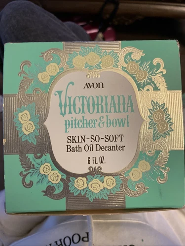 Vintage  Avon Victorian Style Pitcher and Bowl Blue Green Milk Glass  w box