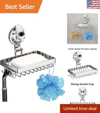 Compact Suction Cup Soap Dish with Hooks - Stainless Steel Organizer for Showers