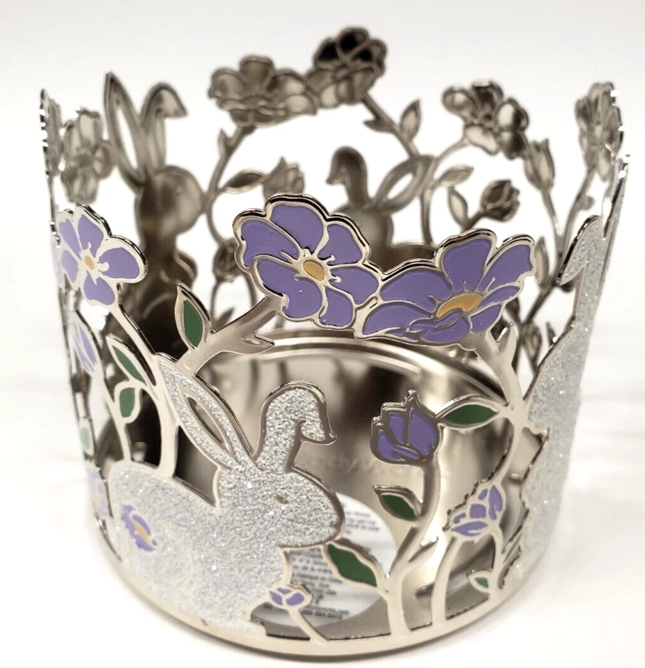 NEW! Bath & Body Works WHITE BUNNIES PURPLE FLOWERS 3-wick Candle Holder Sleeve - Image 4 of 4