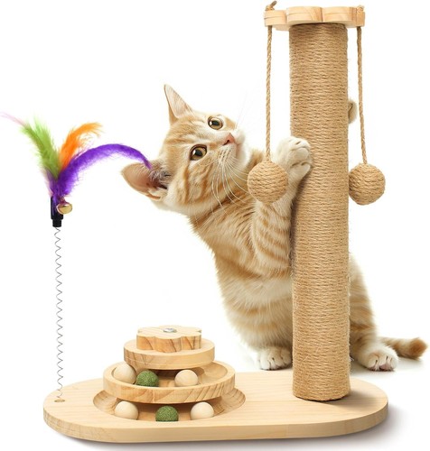 Small Multifunctional Cat Kitten Scratching Post, Solid Wood, 2 Sisal Rope Balls