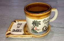 Vintage Ceramic Sip N Smoke Galveston Island Cigarette Ashtray Coaster w/ Cup