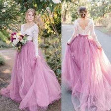 Elegant V Neck Lace Wedding Dresses Pink Long Sleeves A Line Boho Bridal Gowns