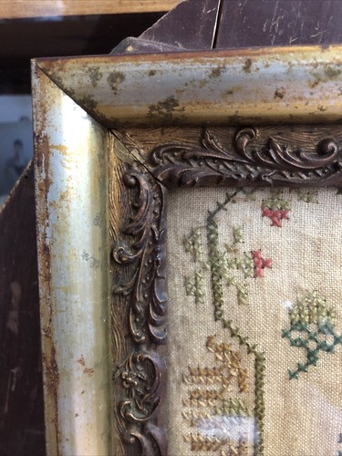 Antique Old Sampler Needlepoint Embroidery Large Framed Prayer Birds Tulips - Picture 8 of 9