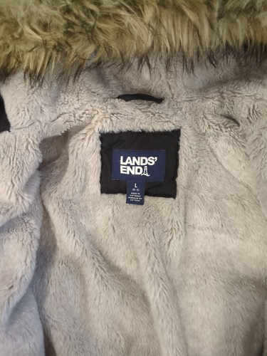 Lands' End Primaloft Quilted Sherpa Puffy Jacket Hood Girl's size Large 14 Black - Picture 2 of 3