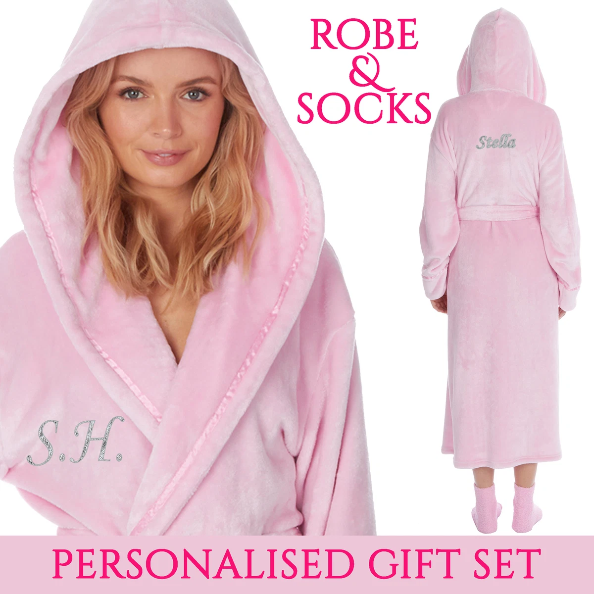 Personalised Ladies Hood Embroidered Dressing Gown Fluffy Socks
