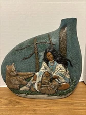 Native American Indian Woman with 3 Bears on Blue Ceramic Bisque Jug Vase