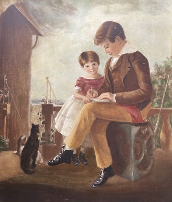 Bezauberndes antikes Genre Öl Portrait Gemälde von Charles & Fanny