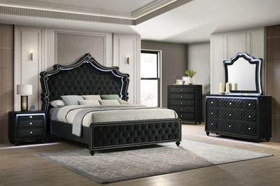 NEW LED Queen King Black Velvet 5PC Bedroom Set Modern Furniture Bed/D/M/N/C