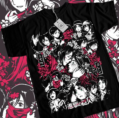 Anime Attack On Titan Eren And Mikasa Floral Graphic Black T-Shirt Size S-5XL