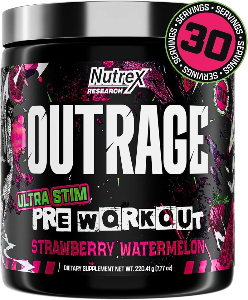 Polvo preentrenamiento Outrage Ultra HIGH STIM para hombres | 400 mg de cafeína, L-citrul Foto 2 de 4