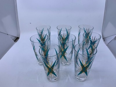 8 VTG MCM ATOMIC STARBURST ''INCA'' GOLD COCKTAIL TUMBLERS.