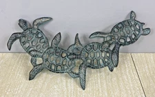 Sea Turtles 16" Wall Decor Plaque Cast Iron Aquatic Nautical Beach Verdigris
