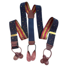 VTG 90s Perry Ellis Portfolio Button Navy Suspenders Leather Ends Y-Back Brass