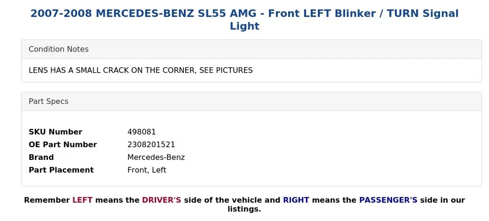 Mercedes-Benz SL55 AMG 2007-2008 - intermitente delantero izquierdo/luz de señal de giro Foto 4 de 4