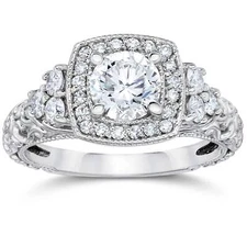 1CT Cushion Halo Round Diamond   Engagement Ring 14K White Gold