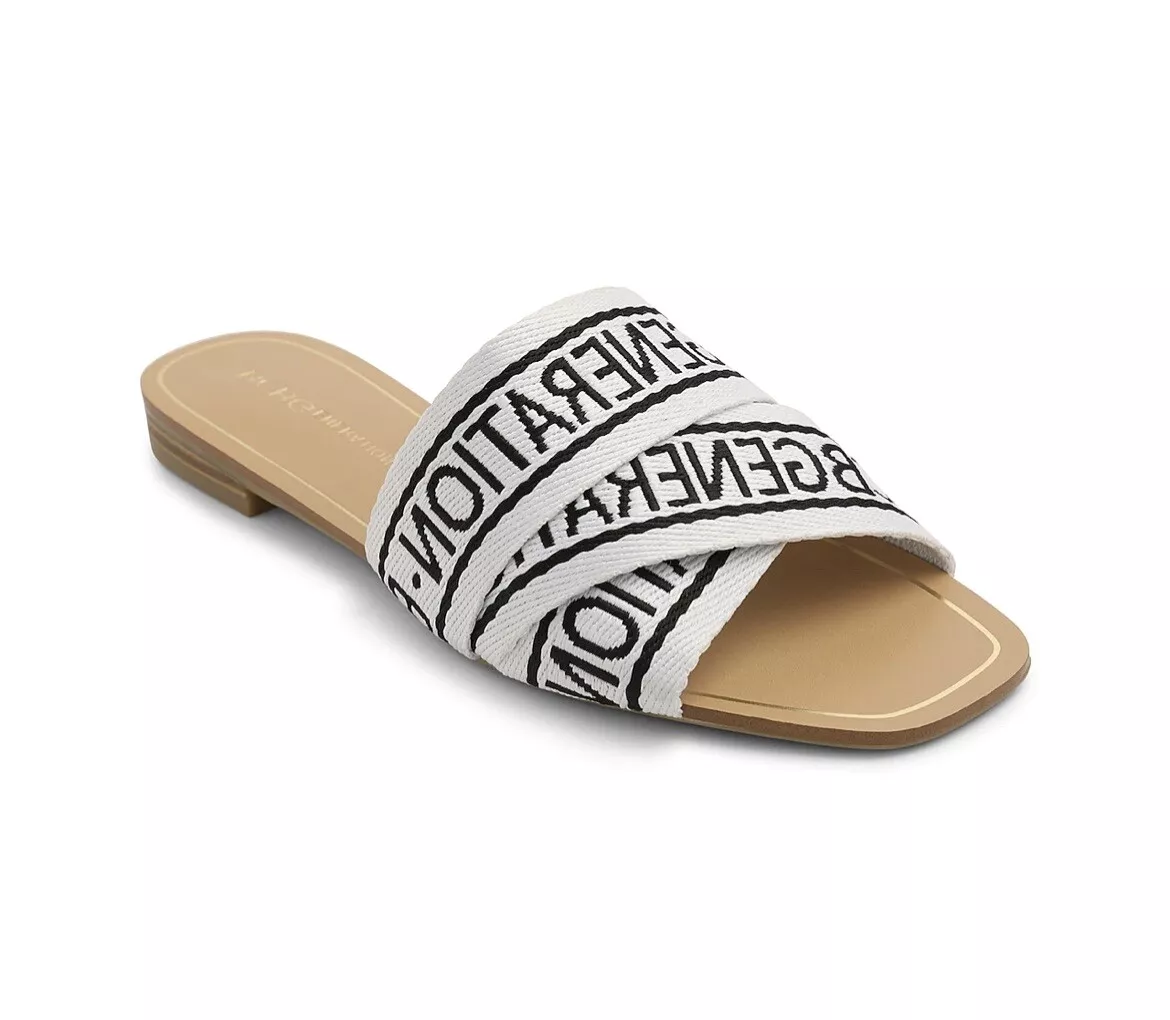 BCBGeneration Women s BCBG KRISTA Kala White Black Logo Flat Sandals Size 8.5