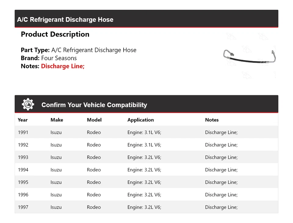 Manguera de descarga de refrigerante aire acondicionado Isuzu Rodeo 1991-1997 4 estaciones 1992 1993 Foto 2 de 4