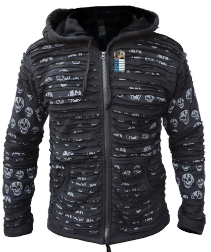 Men's Skull Printed Black Cotton Razorcut Long Hood Jacket Festival Goth Hoodie