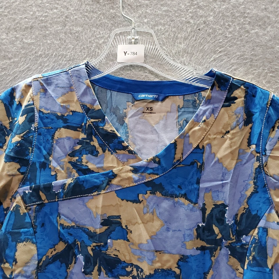 Blusa Médica Carhartt Force para Mujer XS Azul Camuflada Bolsillos Imitación Envoltura Manga Corta Foto 3 de 4