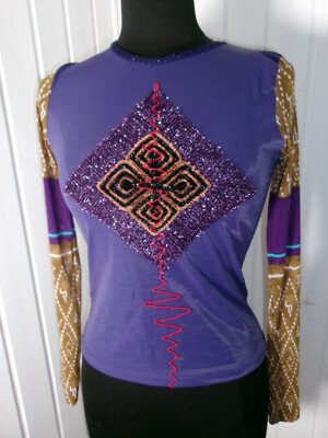 Save the Queen lila T-Shirt Top M 36/38 Glitzer Ärmel Mesh Made Italy