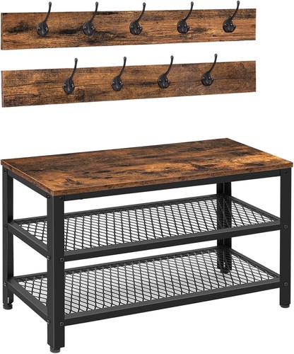 Stylish Shoe Rack Organizer with Coat Hooks - Rustic Brown & Black Hall Tree - Picture 3 of 9