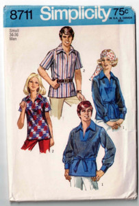 Mens Womens Unisex Shirt Simplicity 8711 1970's Vintage Fashion Size Small