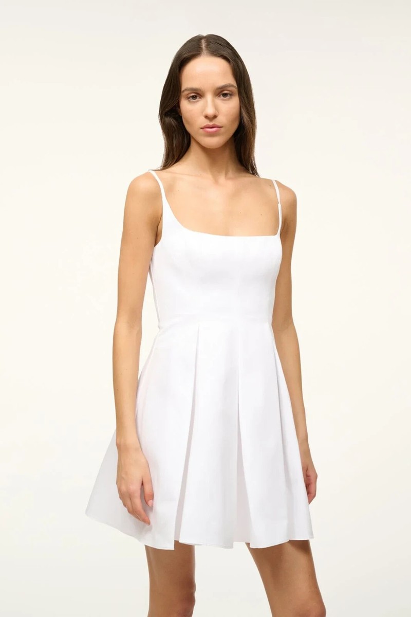 $395 STAUD Mini Joli Dress 2 White Pleated A-Line Open Back