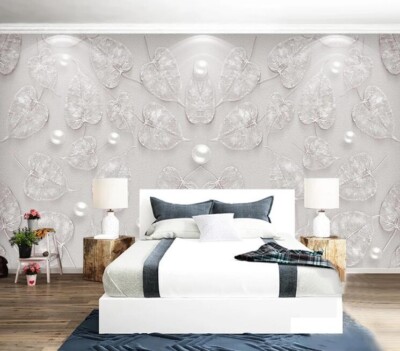 3D White Pearl Leaves G8323 Wallpaper Wall Murals Removable Self-adhesive Honey