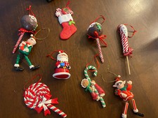Vintage Lot Of 9 Clay Dough Ornaments Sweets , Elves, Stockings, Santa