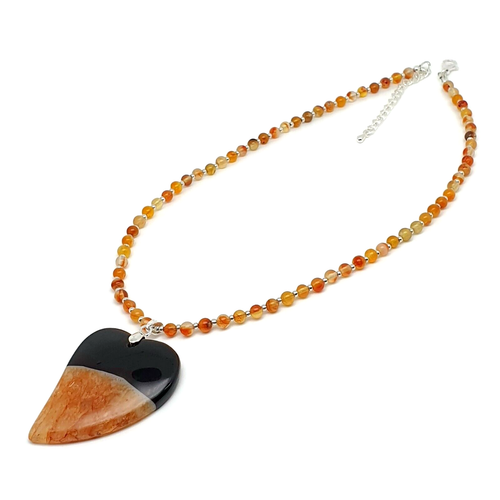 Beaded Necklace Orange Agate Gemstone Collar Large Heart Pendant Chakra Handmade - Picture 2 of 19