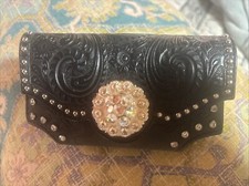 Nocona Phone Case Black Tooled Leather Holder Belt Clip Rhinestone Studs Cowgirl
