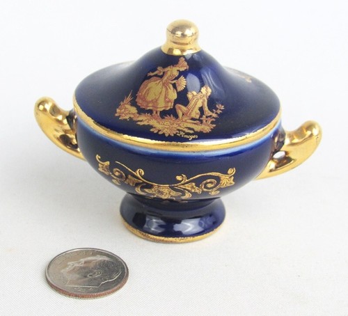 Portagioie Limoges France miniatura blu cobalto dorato con coperchio oro dorato - Foto 8 di 8
