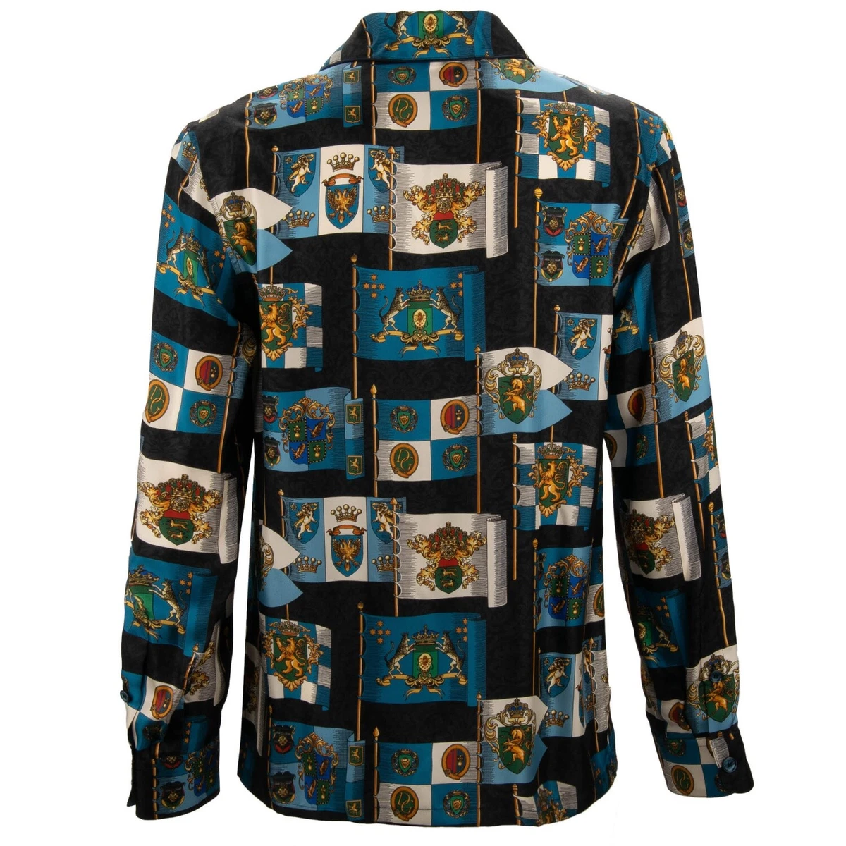 Dolce & Gabbana Barroco Corona León Escudo Estampado Seda Camisa Negro Azul