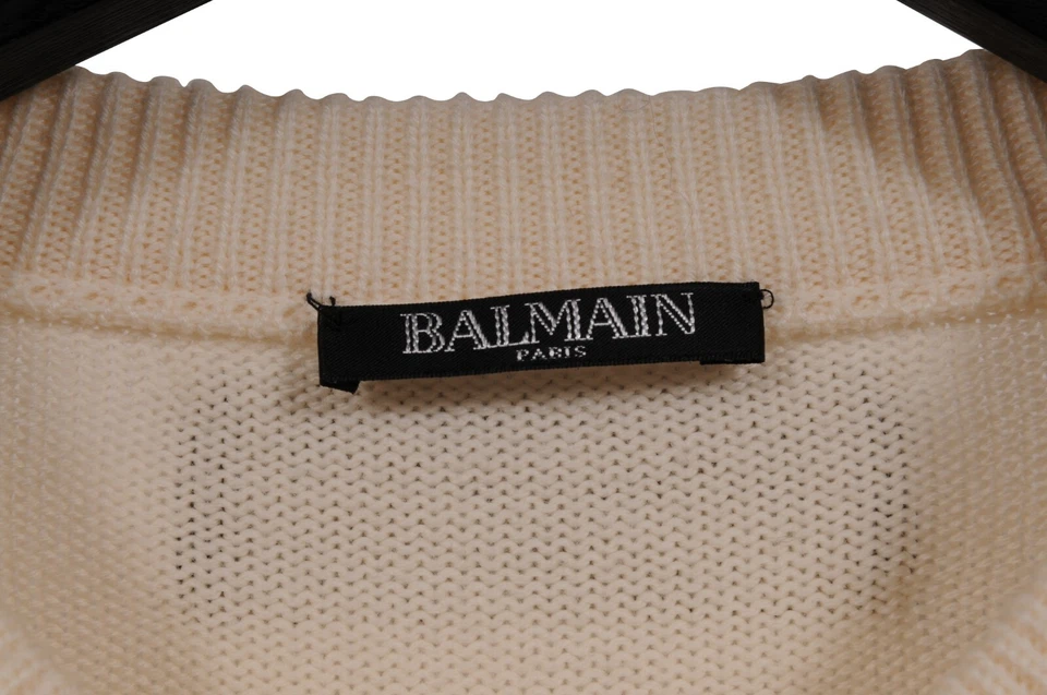 Balmain Glitter Stripped Sweater Large Cream Silver Wool Viscose Shoulder Button - Image 4 of 4