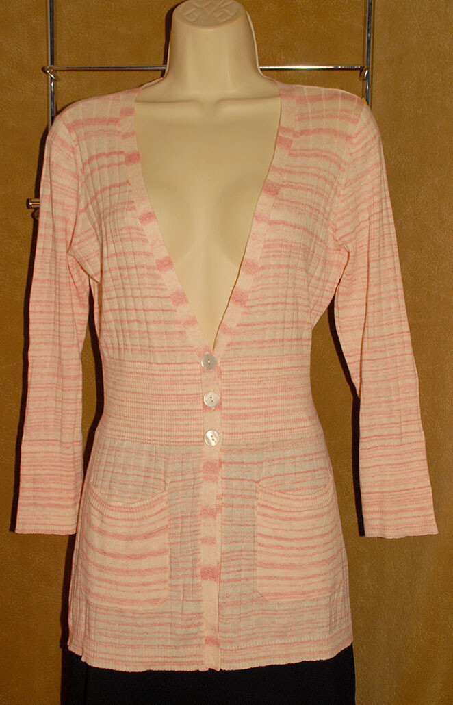 CALVIN KLEIN - Pink & White - Cotton Knit - Cardigan Sweater sz L
