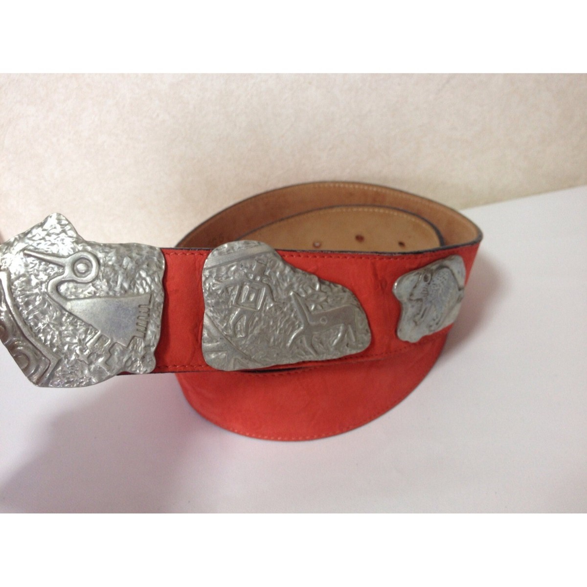 Vintage Carlos Falchi red suede leather belt with silver fun  display picture 1