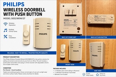 Philips DES2180W/27 Wireless Plug-In Doorbell Chime & Push Button Tested