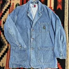 Vintage Tommy Hilfiger Denim Blazer Jacket Mens S Chore 90s Preppy Oversized