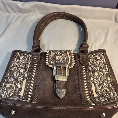 Montana West Brown Western Embossed Floral Satchel Top Handle Zip Buckle Silver
