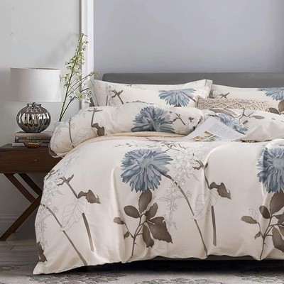 Comforter Queen Size 600 Thread Count Cotton Brown Branches & Blue Flowers