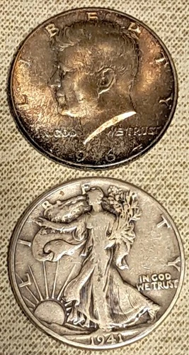 1964 Kennedy Half Dollar UNC Toned  & 1941 Walking Liberty Half (F)