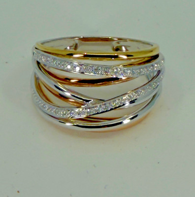 Tri-color Solid 14K Gold 1/10 ct Diamond Ten-band Highway Ring (Sz 10) (6.5 Grm)