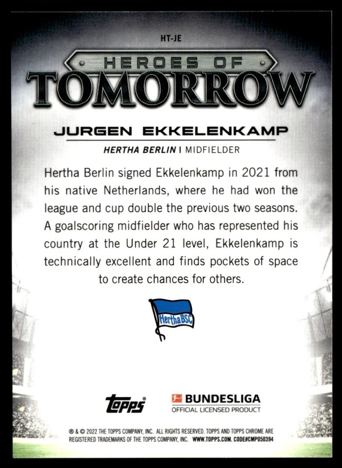 2021 Topps Chrome Bundesliga Heroes of Tomorrow Jurgen Ekkelenkamp Hertha BSC - Image 2 of 2