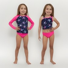 Lands' End 3 Piece Bikini Rash-Guard Swim Set Girls Pink Size 2T Long Sleeve