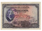 SPAIN: 50 PESETAS ALFONSO X III (WITH RESELLO). YEAR 1927. NO SERIES. BC+. IDEAL